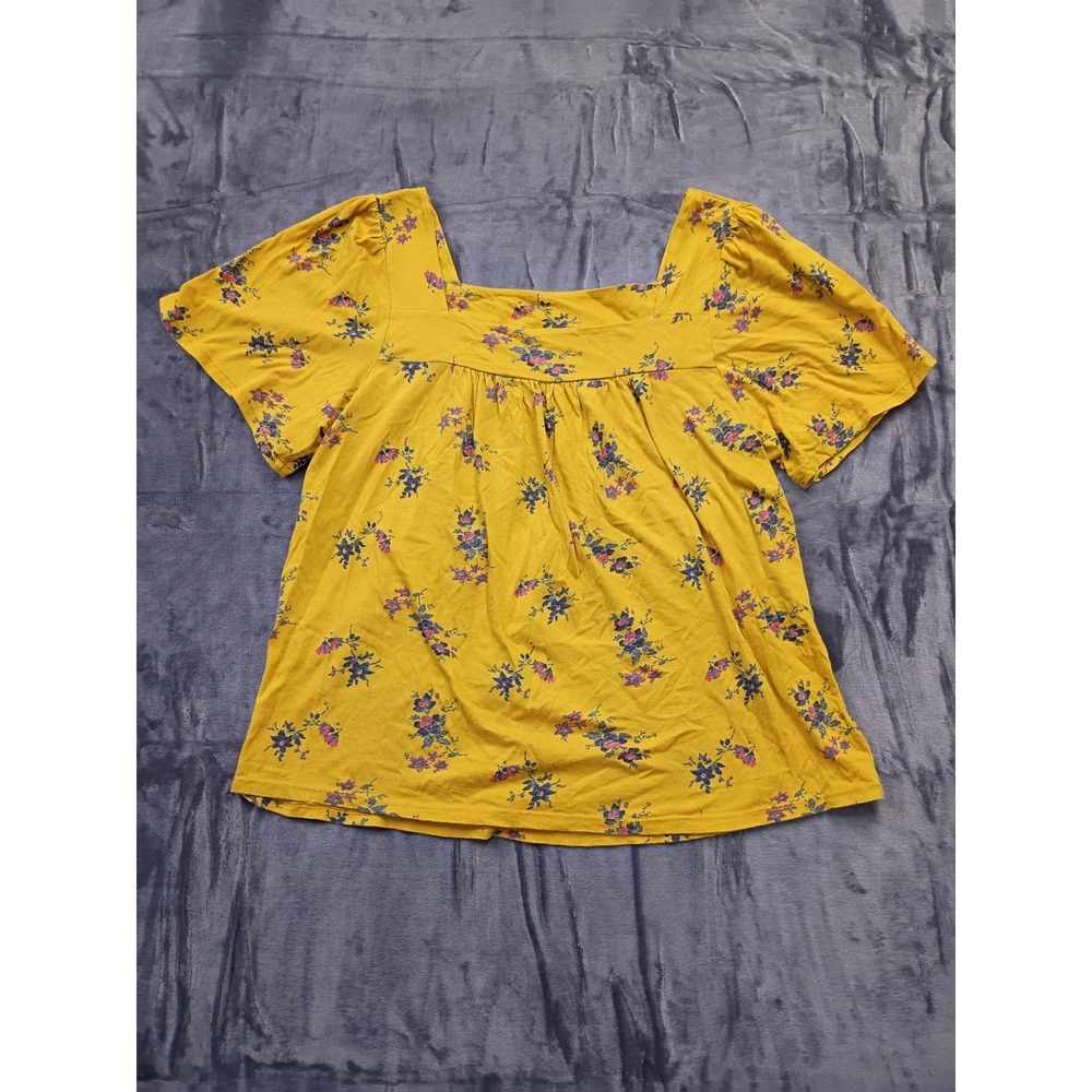 Lucky Brand Yellow Floral Square Neck Short Sleeve Top Women's M